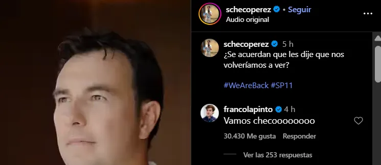El comentario de Colapinto al posteo de Checo Pérez.