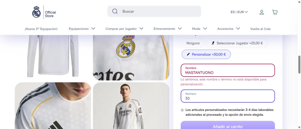 La web oficial de Real Madrid no permite colocar el nombre Franco ni el apellido Mastantuono en sus camisetas personalizadas.