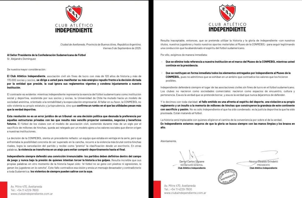 La carta abierta de Independiente a Conmebol. (@GerGarcíaGrova/X)