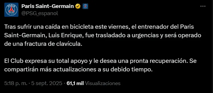 El posteo del PSG sobre el incidente de Luis Enrique.