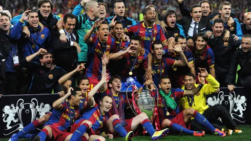 El plantel de Barcelona tras conquistar la UEFA Champions League 2010/11 ante Manchester United.