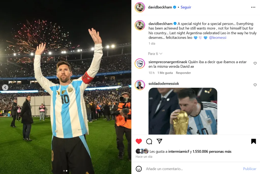 La publicación que David Beckham le dedicó a Lionel Messi.