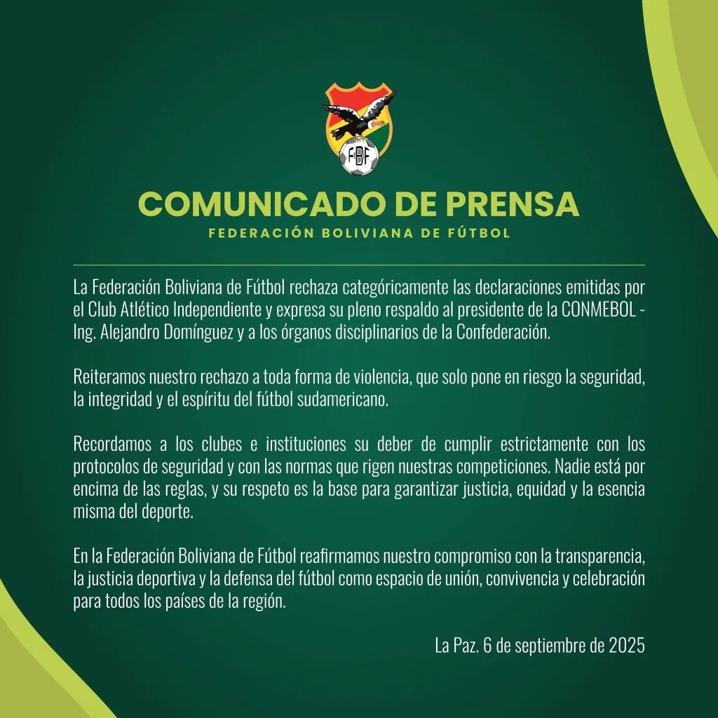 El comunicado de la FBF contra Independiente.