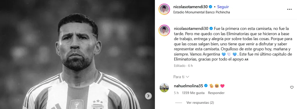 Las palabras de Nicolás Otamendi tras su expulsión con Ecuador.
