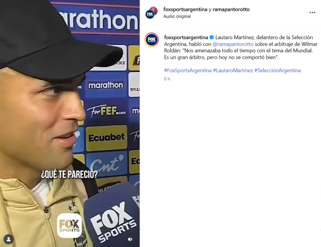 El descargo de Lautaro Martínez por el partido de Wilmar Roldán.