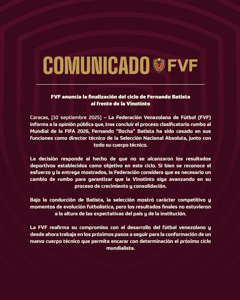 El comunicado de la Prensa Federación Venezolana de Fútbol para despedir al Bocha Batista. (Foto: Twitter @FVF_Oficial)