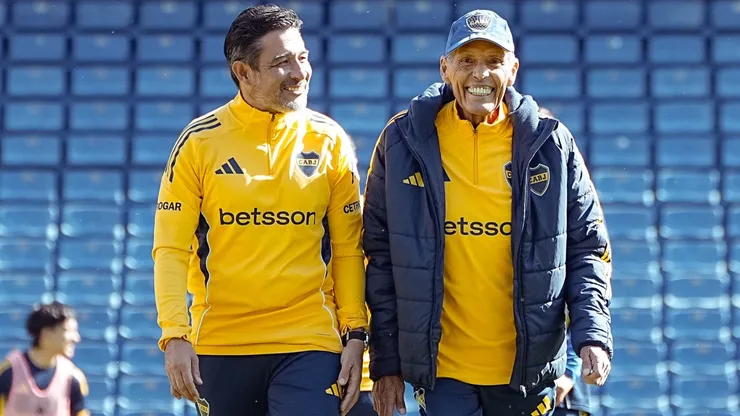 Miguel Russo y Juvenal Rodríguez en el entrenamiento de Boca.