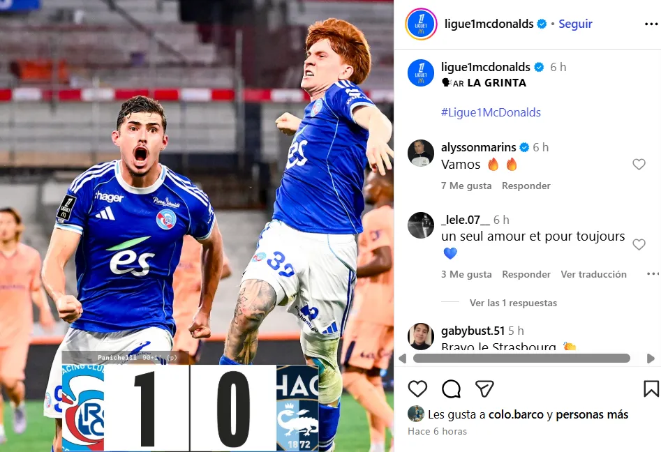 La publicación de la liga francesa tras la victoria agónica de Racing de Estrasburgo.