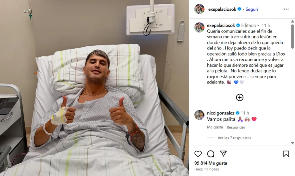 La publicación de Exequiel Palacios tras su operación.