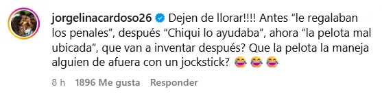 El comentario de Jorgelina Cardoso contra las especulaciones alrededor del gol olímpico de Di María a Boca (Captura).