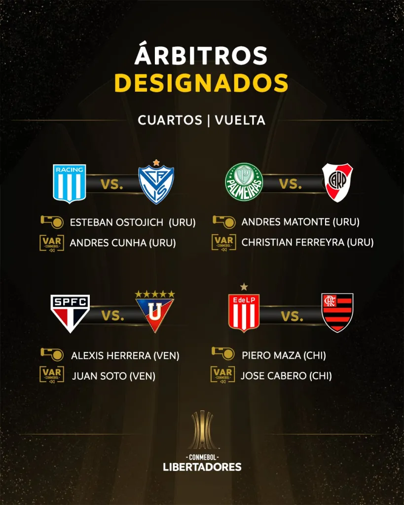 Los nombres que impartirán justicia en la vuelta de los cuartos de final de la Copa Libertadores (Prensa Conmebol).