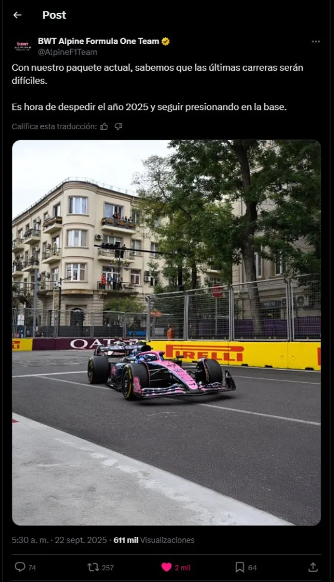 Alpine y un posteo poco prometedor para lo que resta del año. (X/Alpine F1 Team)