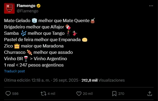 El polémico posteo del Mengao tras eliminar a Estudiantes. (X/Flamengo)