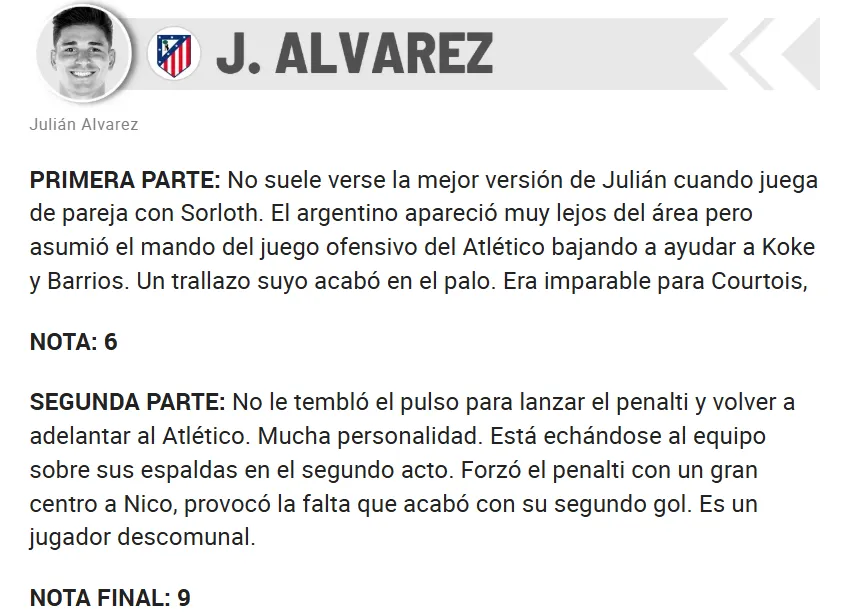 Puntaje de Marca a Julián Álvarez (Captura)