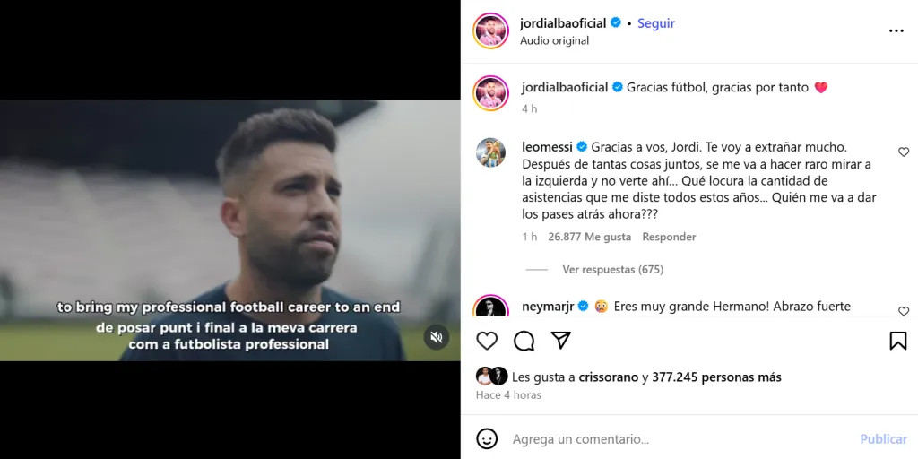 El comentario de Messi en el posteo de Jordi Alba.