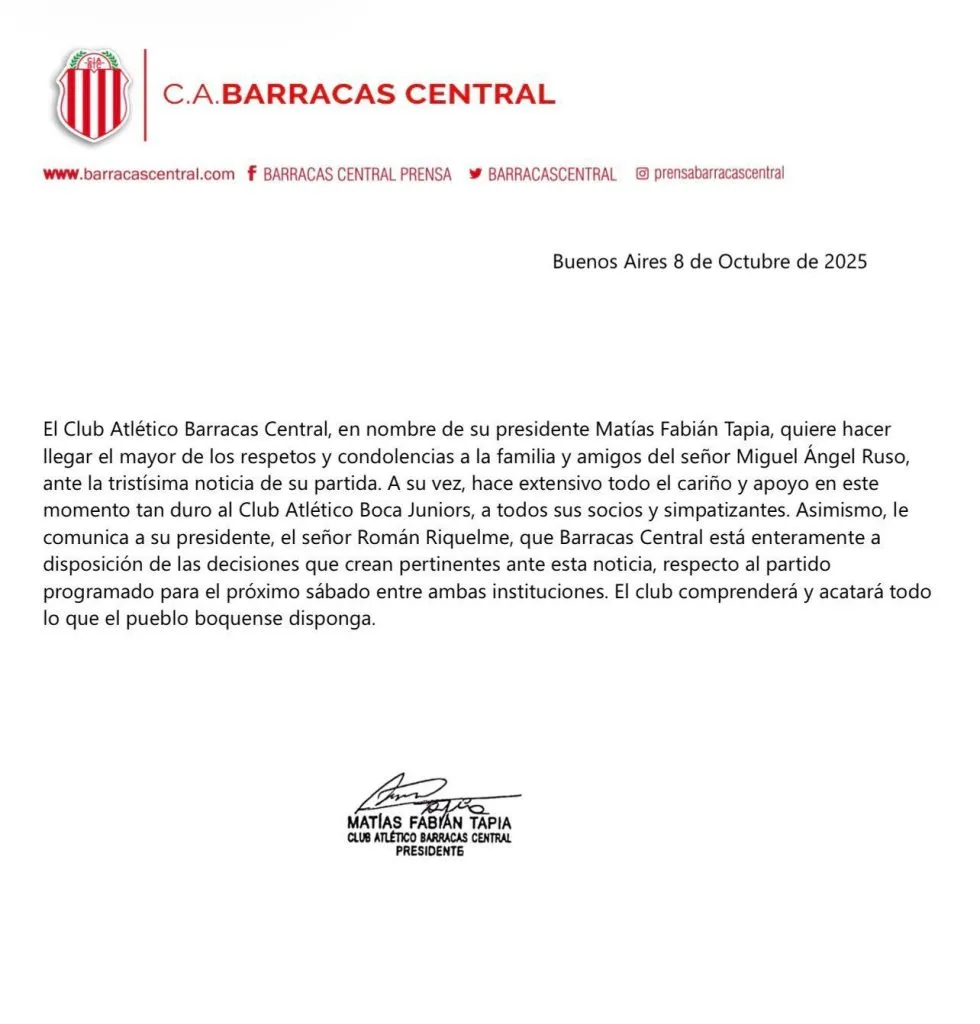 El comunicado de Barracas Central.