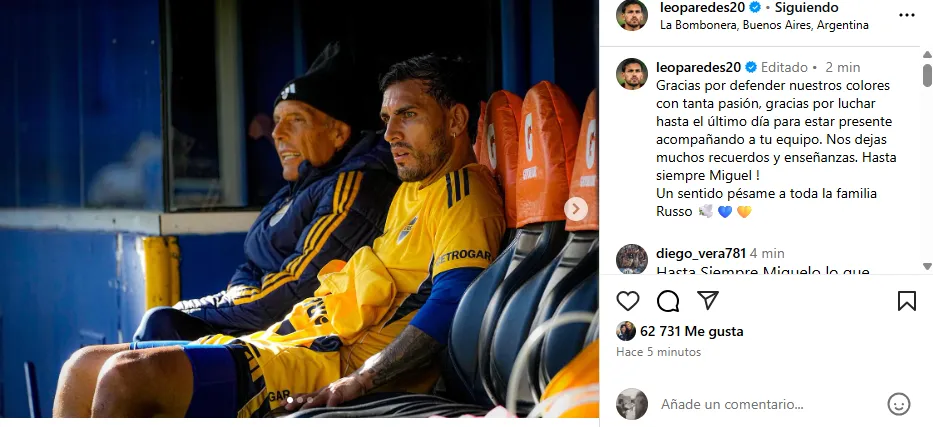 La imagen de Russo en el posteo de Paredes. (@LeoParedes20)