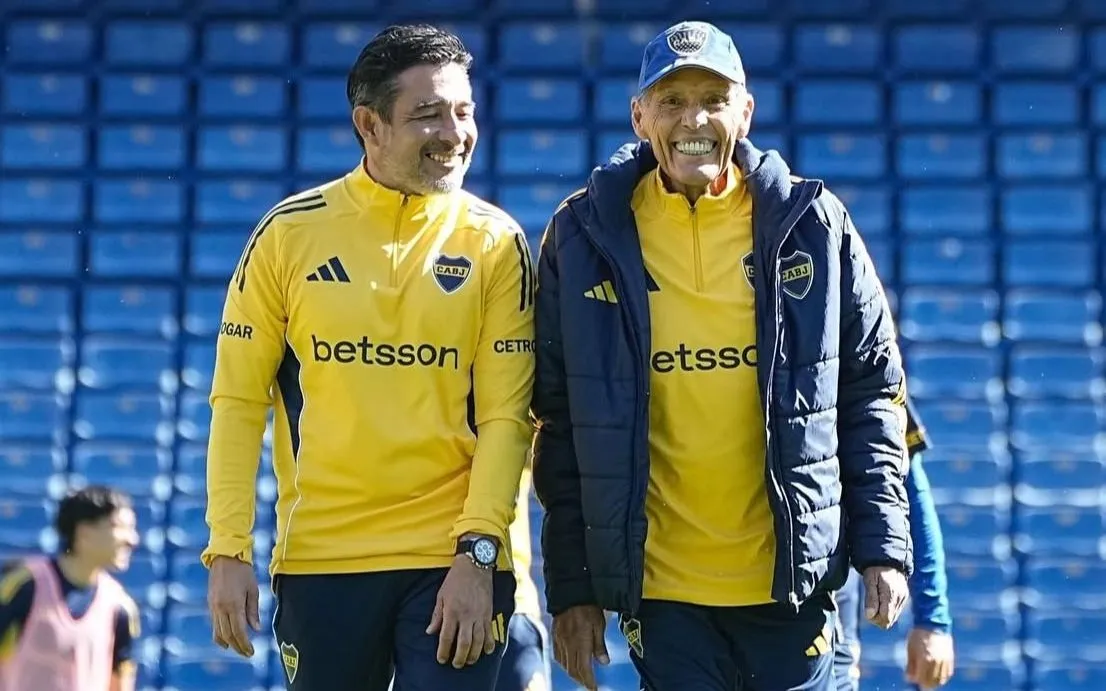 Juvenal Rodríguez y Miguel Ángel Russo durante una práctica de Boca (Prensa Boca).