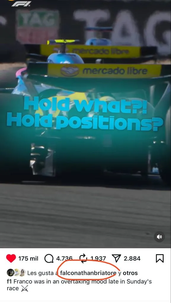 El ‘like’ de Falco Briatore al adelantamiento de Colapinto. (Foto: Instagram)