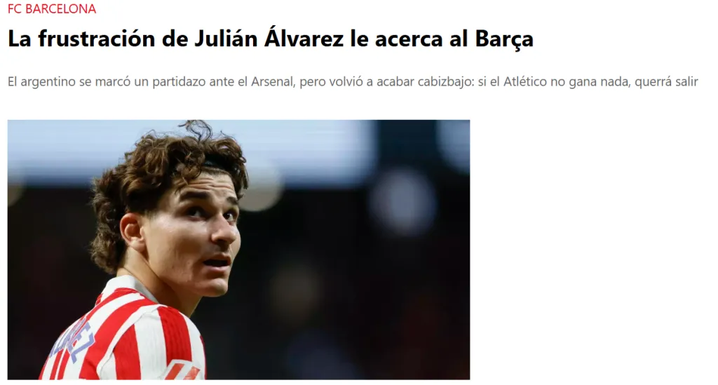 La publicación del diari Sport sobre la situación de Julián Alvarez en el Atlético de Madrid.