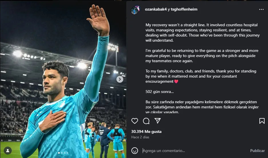 El emotivo mensaje de Kabak tras su regreso al fútbol. (IG/OzanKabak4)