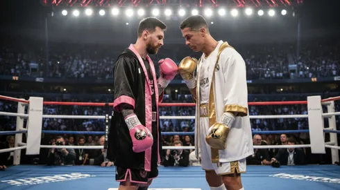 Messi y Ronaldo enfrentándose en un combate de boxeo.