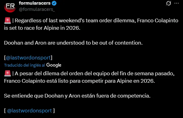 Aron y Doohan, descartados para Alpine en 2026, según LWOS