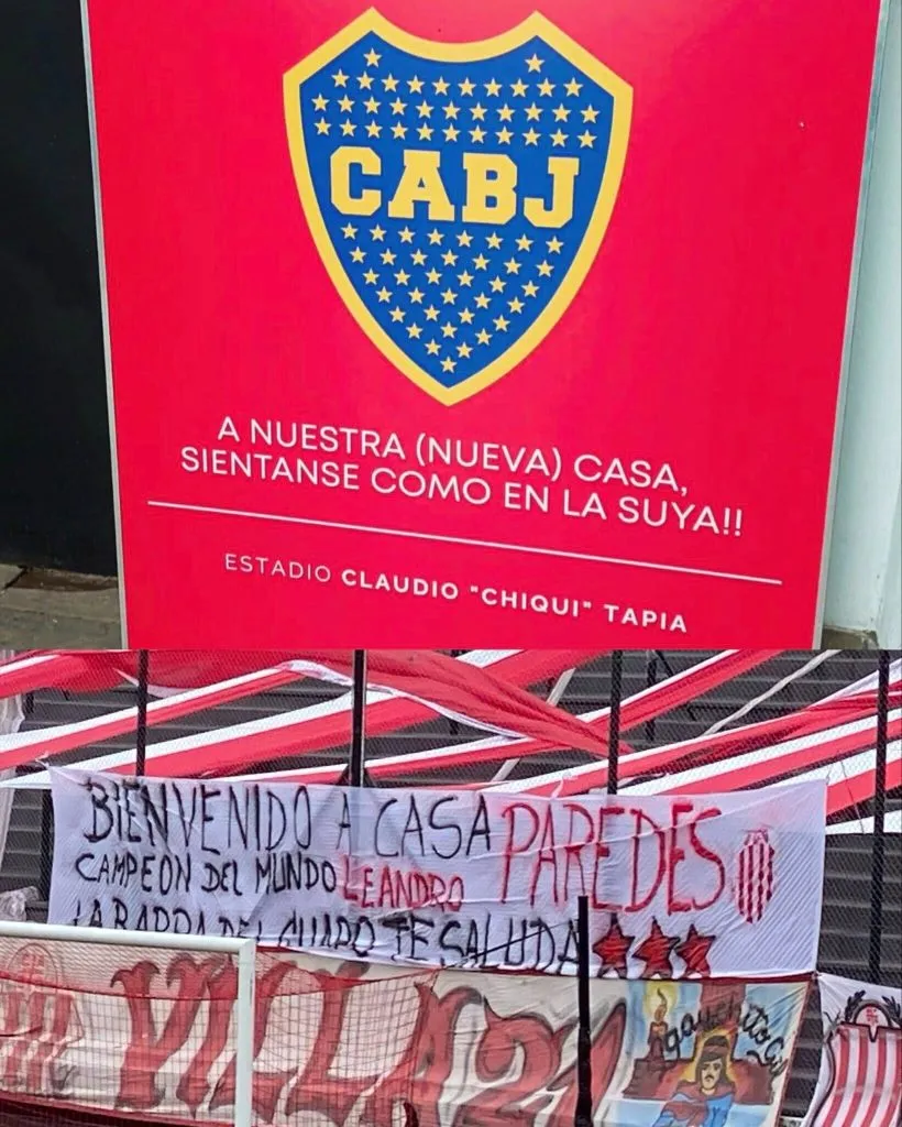 La bandera que Barracas Central le dedicó a Leandro Paredes y el cartel de la institución a la delegación de Boca.