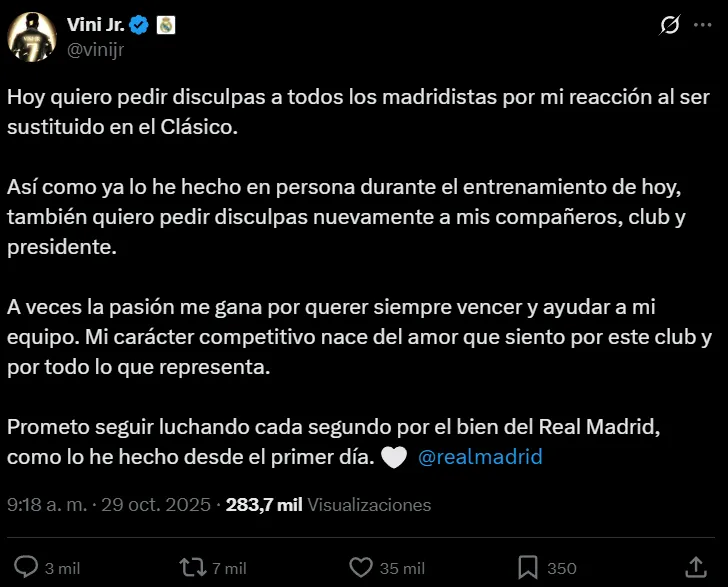 Las disculpas de Vinícius en X.