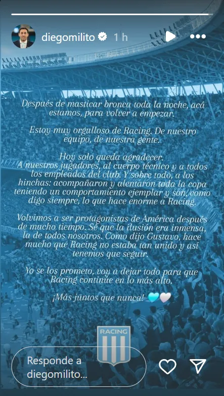 En su cuenta de Instagram, Diego Milito se expresó tras la eliminación de Racing en la Copa Libertadores.