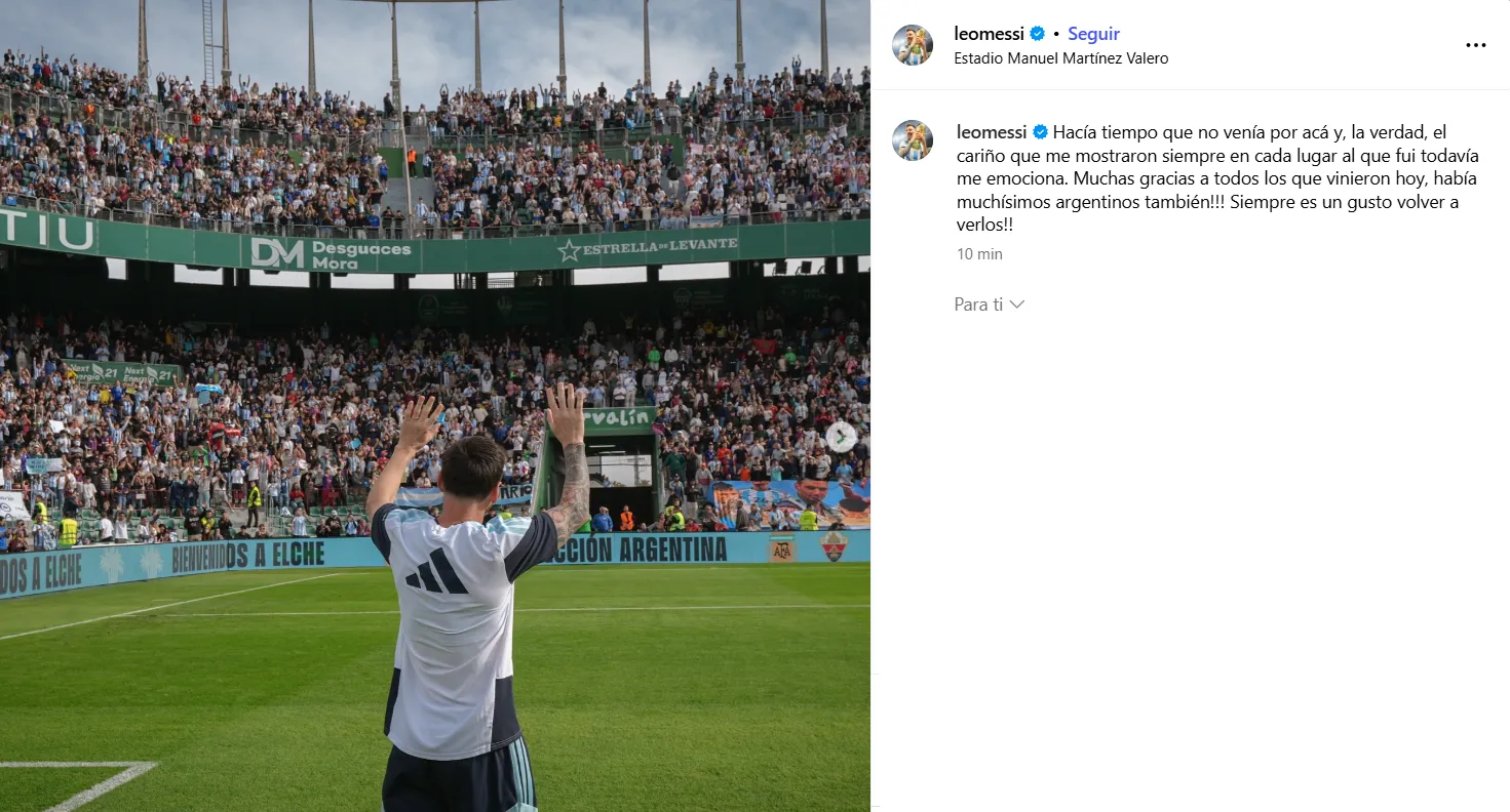 La publicación de Lionel Messi tras el entrenamiento de la Selección Argentina en Elche.