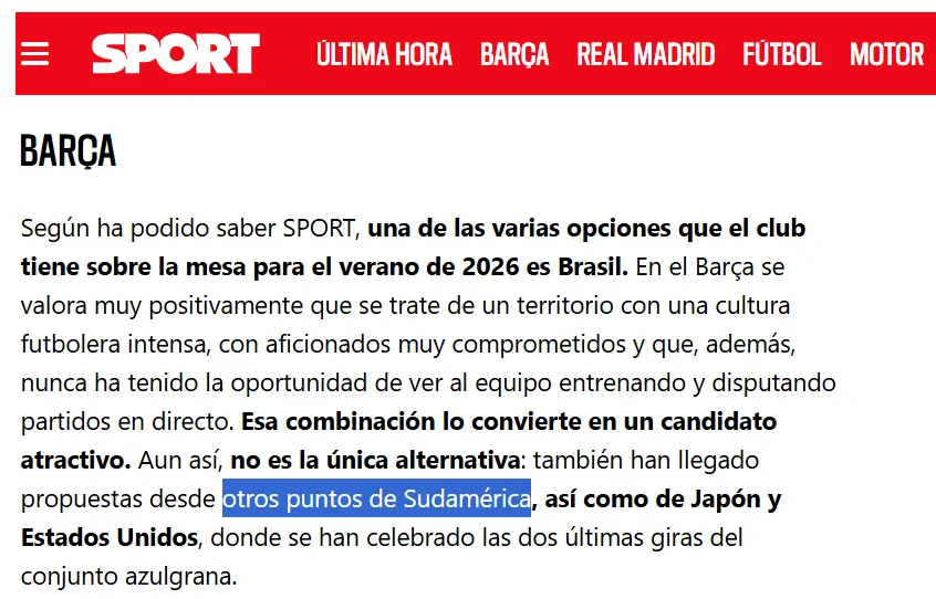 La publicación del periódico Sport en el que hace referencia a la pretemporada del Barcelona.