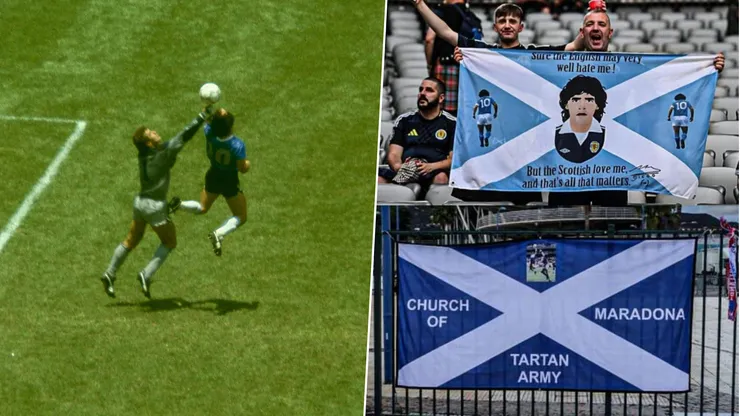 La Iglesia Maradoniana contó que la hinchada escocesa les pidió permiso para hacer las banderas con la leyenda "Church of Maradona".