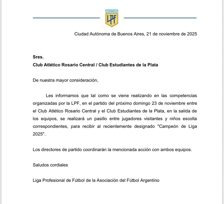 El comunicado de AFA y LPF para que Estudiantes homenajee a Rosario Central.