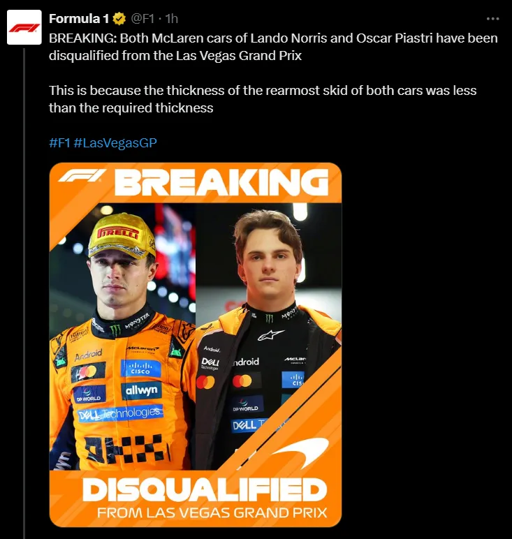 El posteo de la Fórmula 1 informando la descalificación de los McLaren.