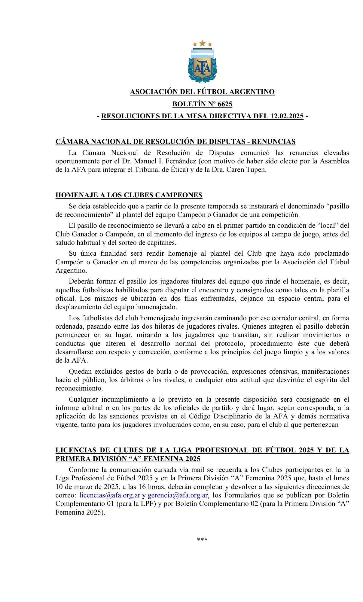 El Boletín Oficial de AFA.