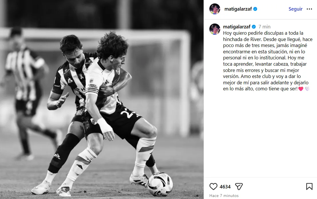 El posteo de Galarza Fonda en sus redes sociales tras la eliminación contra Racing.