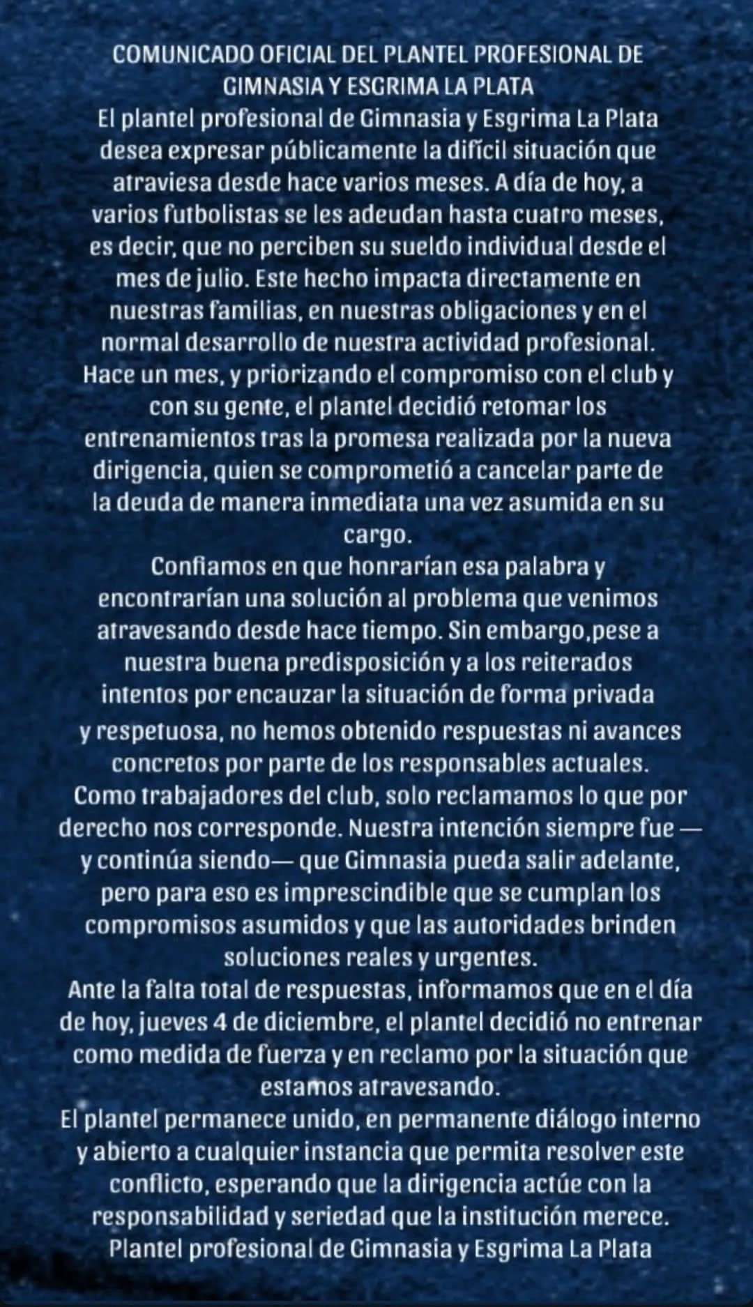 El comunicado oficial de Gimnasia.