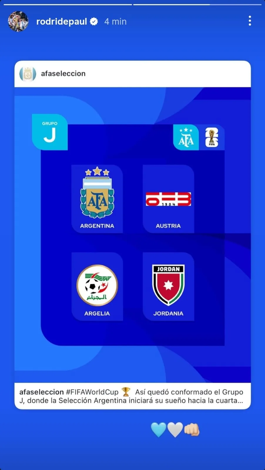 La reacción de Rodrigo De Paul en Instagram.