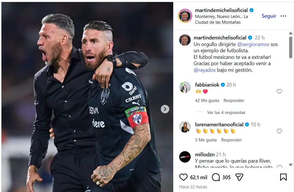 El posteo de Demichelis saludando a Sergio Ramos.