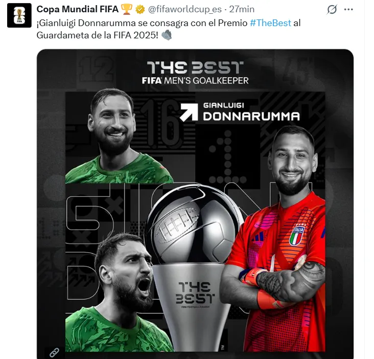 El posteo de FIFA para anunciar a Donnarumma como ganador del The Best.