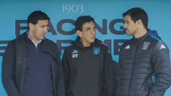 Diego Milito, Gustavo Costas y Sebastián Saja durante la práctica del plantel.