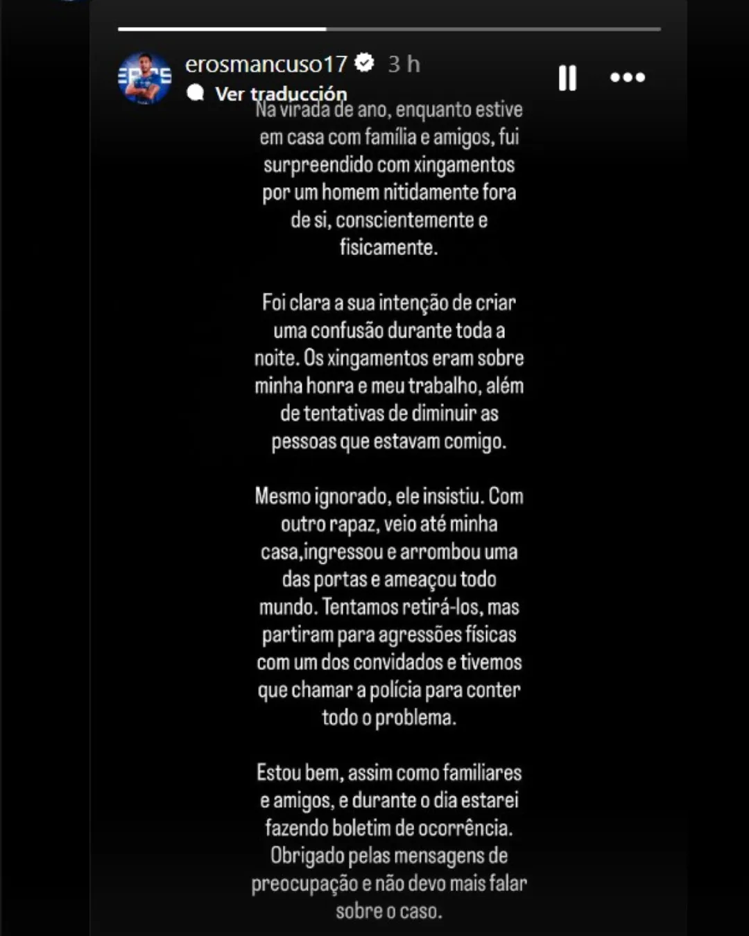 El comunicado de Eros Mancuso a través de su cuenta de Instagram.