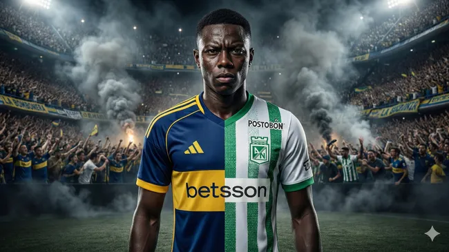 Marino Hinestroza con la camiseta dividida entre Boca y Atlético Nacional. (Gemini IA)