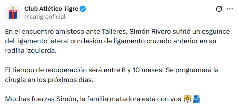 El posteo de Tigre para informar la lesión de Rivero. (Captura).