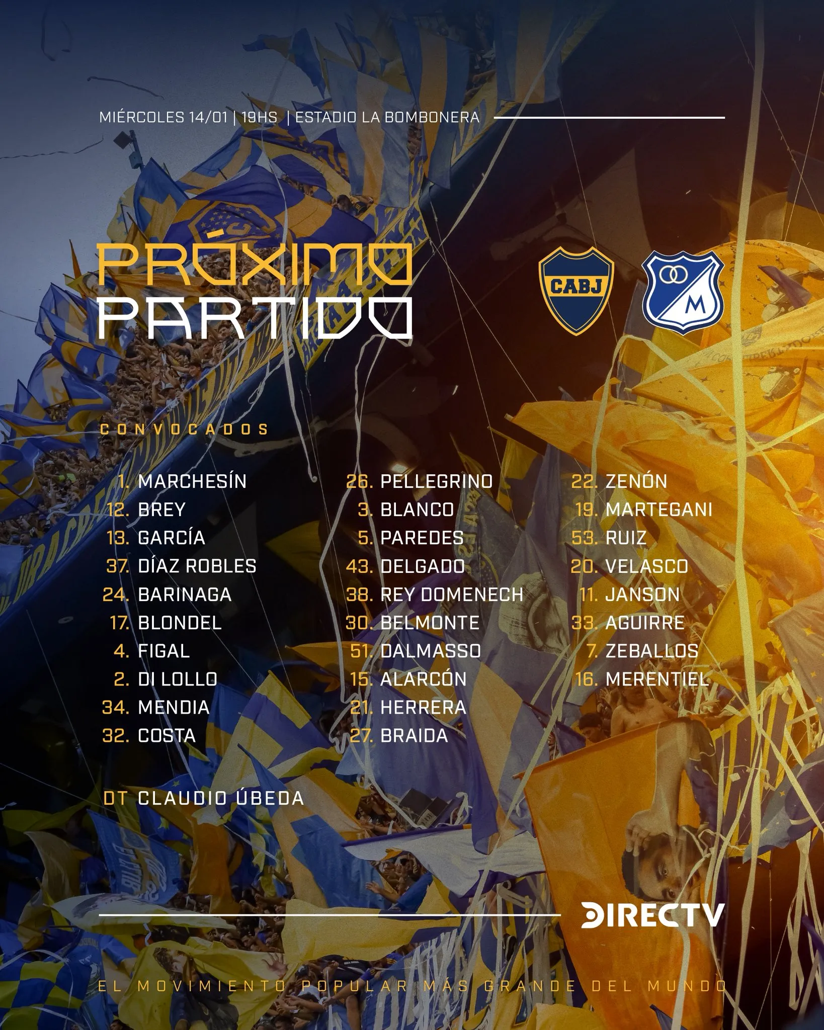 Los convocados de Boca vs. Millonarios por la Copa Miguel Ángel Russo. (Foto: Prensa Boca)