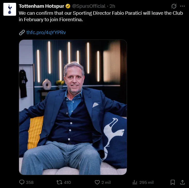 La confirmación oficial de la salida de Paratici en X.