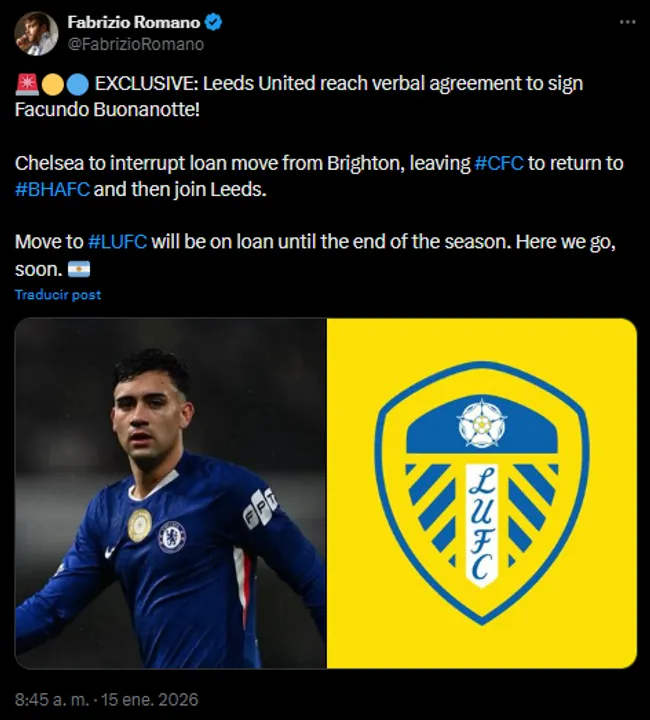 Fabrizio Romano confirmó el fichaje de Buonanotte por Leeds United.