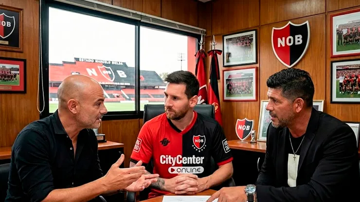 Favio Orsi y Sergio Gómez intentan convencer a Messi de jugar en el club rosarino.