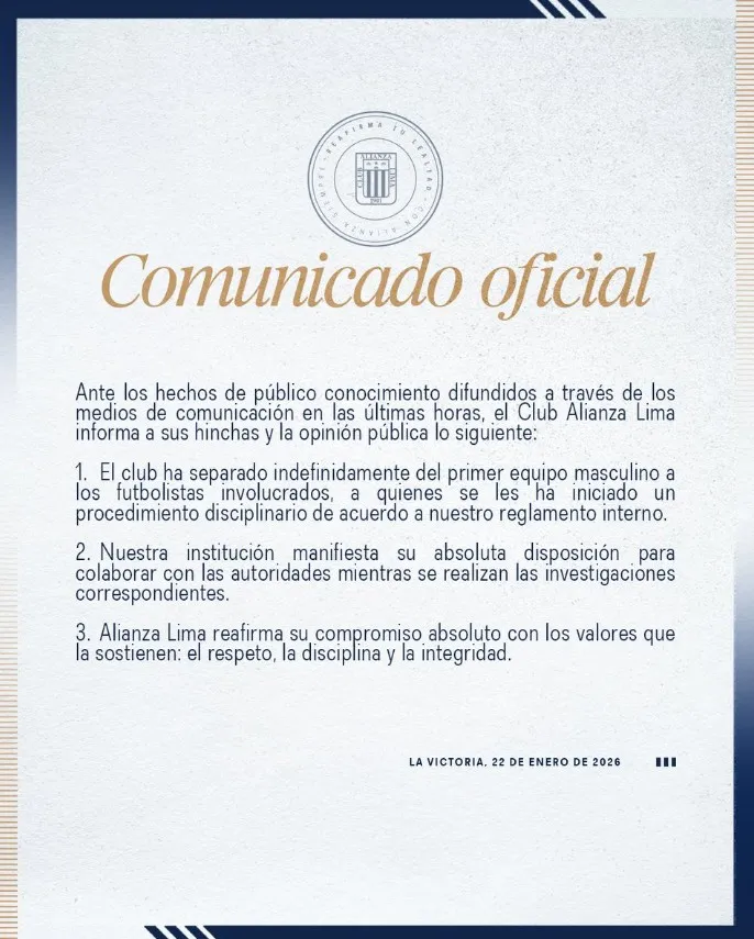 El comunicado oficial. (Foto: Alianza Lima)